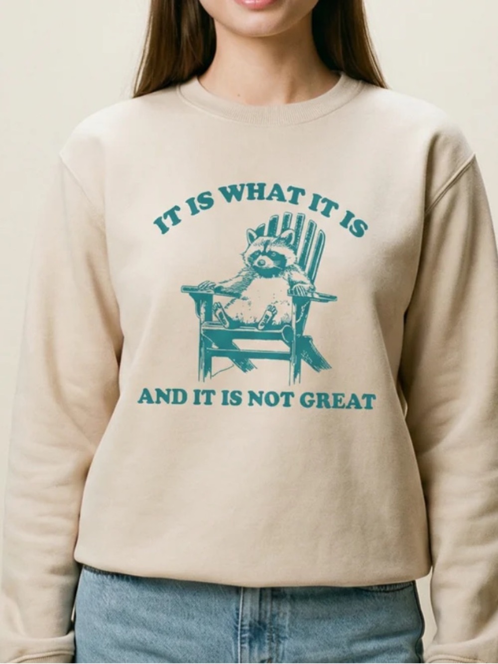 Peachy peach ! Beige Graphic Sweatshirt with Teal Raccoon Print L